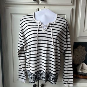 J. Jill Medium Cream & Dark Blue or Black Knit Top with Lace-up Neckline